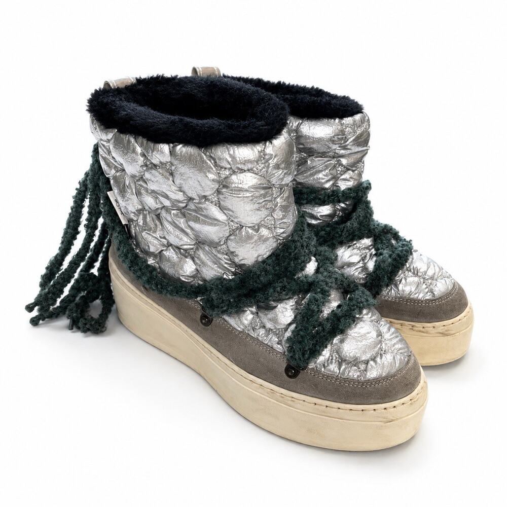 P448 Futuristic Silver Metallic Quilted Tie Back Moon Boot Snow 39